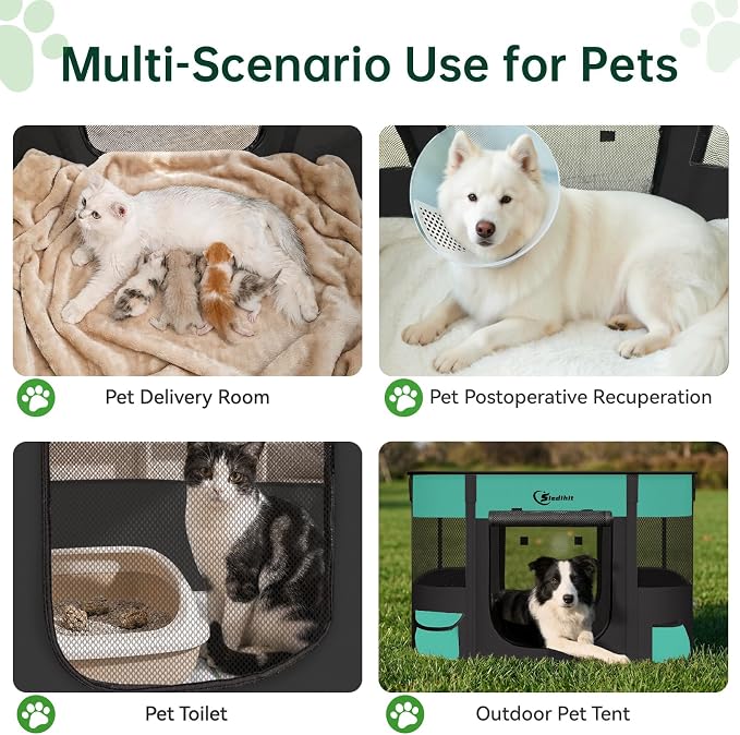 Siedihit 35" Dog Playpen,Cat Puppy Pen, Pet Portable Crate Indoor Outdoor | Durable Travel Camping Use,Foldable Dog Kennel Tent Cage for Rabbit Small Animals with Carrying Case (Green, Large)