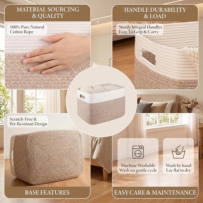 Blanket Basket, Cotton Rope Woven Storage Basket for Living Room, Toy Bin for Kids, Nursery, Baby Room Decorative Organizer, 18''×14''×12'', Brown & White