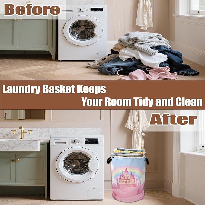 Pink Castle Laundry Basket,Waterproof Foldable Rainbow Laundry Hamper,Dirty Clothes Laundry Basket,Linen Bin Storage Organizer Collection 16" x 20.8"