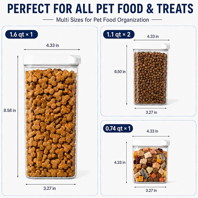 BARRYSAIL Vacuum Pet Food Storage Set with Pump, 4-Piece Airtight Canister | Keeps kibble fresh 4x longer. BPA-free, stackable clear jars. Safe -4-140°F. For dog/cat dry food & treats. 1500/1000*2/700ml