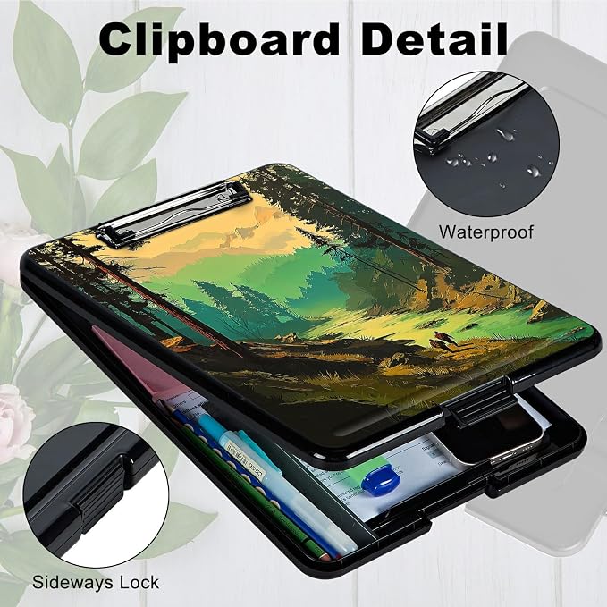 Heavy Duty Storage Clipboard, Slim Nursing Clipboard with Internal Pen Case, Portable File Organizer Case for A4 Letter Size Paper Office Medical Professionals, Green Forest Creek