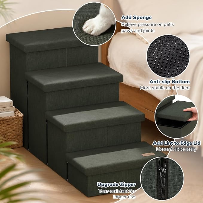 4-Step Wide Dog Stairs with Storage 23" H, Non-Slip Sturdy Pet Steps for High Bed Couch Window, Pet Stairs for Small/Medium/Large Old Dogs Cats Up to 220lbs, Cat Dog Steps for Car, Grey Green