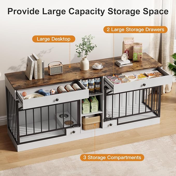 IDEALHOUSE 78.7" Double Dog Crate Furniture with Storage and 2 Doors, White | Dog Kennel Indoor with Feeding Bowls, Wood Dog Crate TV Stand for Small Medium Dogs