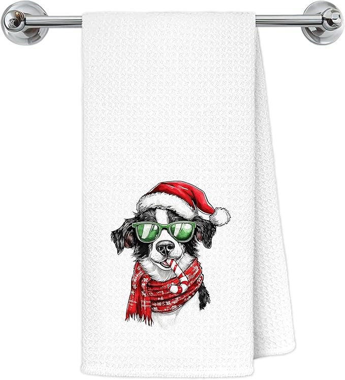 Christmas Border Collie Kitchen Towels, Border Collie Gifts for Women Dish Tea Towels for Kitchen Decor, Retro Xmas Santa Dog Decorative Hand Towel Bathroom Decor, 16x24 Inch