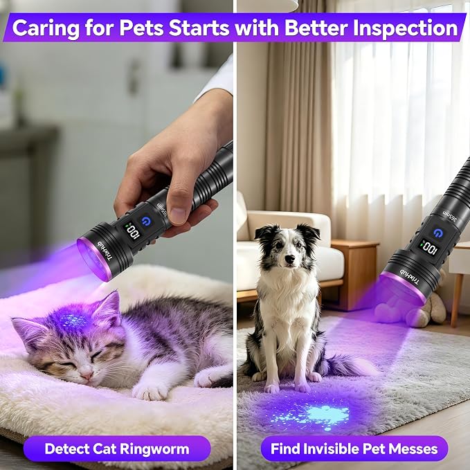 365nm 5xLED Blacklight UV Flashlight Rechargeable Powerful UV Light | LCD Display,Powerful Portable Ultraviolet Black Light for Pet Urine Detection, Home, Scorpions, Resin Curing, Leak