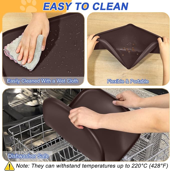 SMILOOL Silicone Pet Feeding Mat with Raised Edge for Food and Water, Dog Bowl Mats, Cat Bowls Placemat with High Lip for Floor Waterproof, Rubber Tray for Cats and Dogs 22 x 14 x0.8 Dark Brown