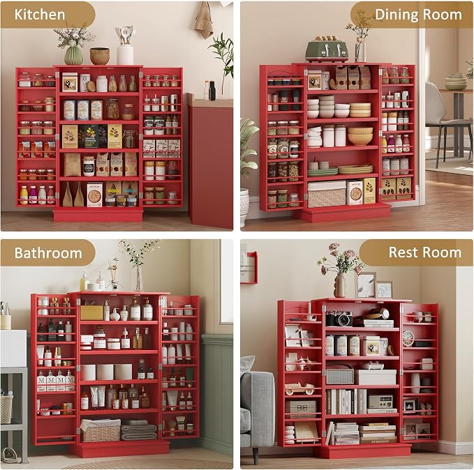 HOMCOM 41" Kitchen Pantry Storage Cabinet 12 Door Shelves Double Doors Red | Freestanding Kitchen Cabinet, 2 Doors, 5-Tier Shelving, Adjustable Shelves