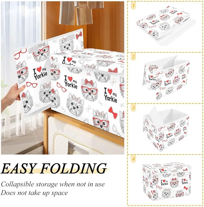 Dog Bow Fabric Storage Bins with Lid Foldable Storage Boxes 40L Baskets | Decorative Storage Boxes, Dust-Proof Flip Top, Reinforced Handles, For Home & Bedroom, Clothes & Toy Box, Oxford Fabric Print