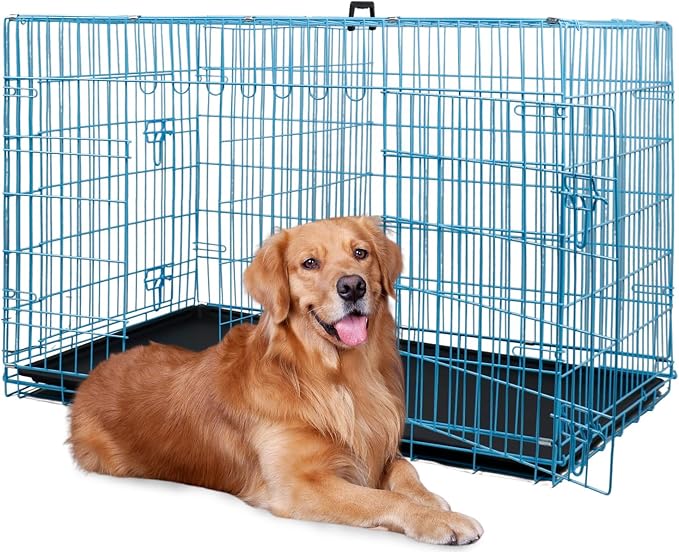 BestPet | Dog Crate | 48" | Blue | Foldable Metal Kennel with Double Doors | Secure Slide-Bolt Latches, Leakproof Tray | Portable Dog Cage for Large Breeds | for Travel, Indoor & Outdoor Use