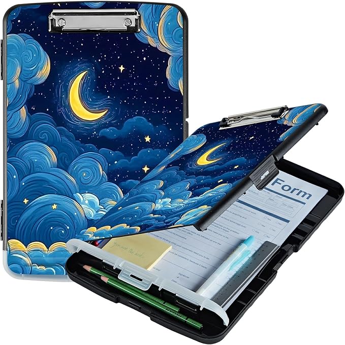 Moon Blue Clouds A4 Clipboard with Storage Pen Holder, Clipboards Organizer Nursing Clipboard Foldable File Folder Plastic Clipboard Folio Clip Board for Office Students Classroom Doctor