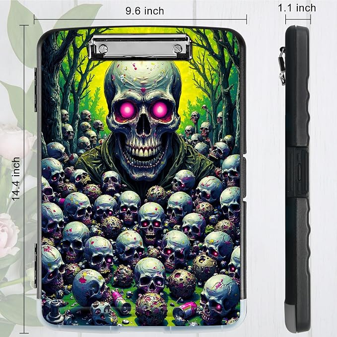 A4 Clipboard with Storage Pen Holder, Clipboards Organizer Nursing Clipboard Foldable File Folder Plastic Clipboard Folio Clip Board for Office Work Classroom Doctor, Forest Skull