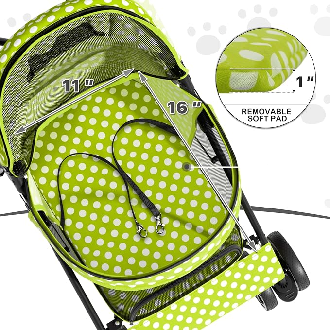 MoNiBloom Pet Stroller for Small/Medium Dogs and Cats, Lawn Green Polka Dots