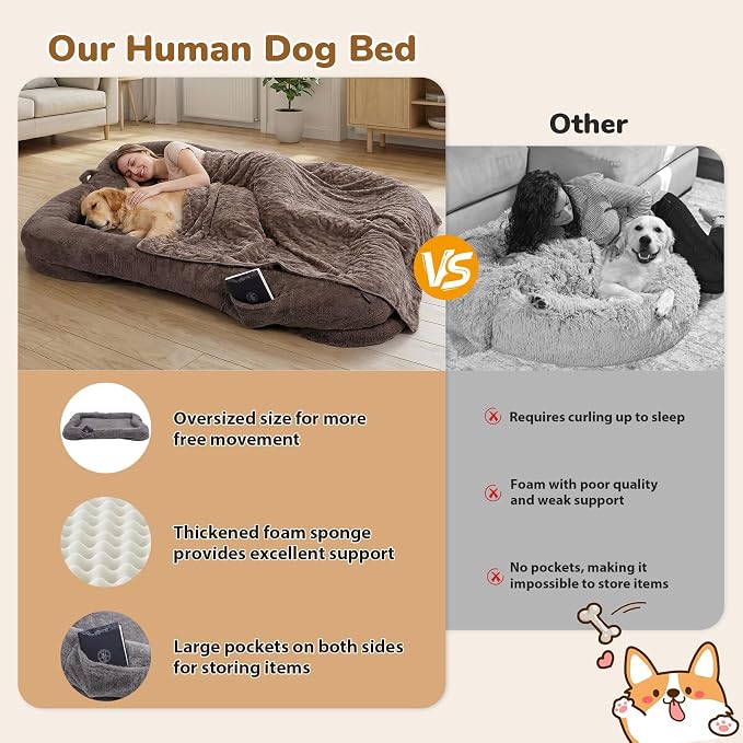 Human Dog Bed 71 x 47 x 12 in, Brown | Memory Foam Dog Bed for Humans & Large Pets, Removable & Washable, with Storage Pocket