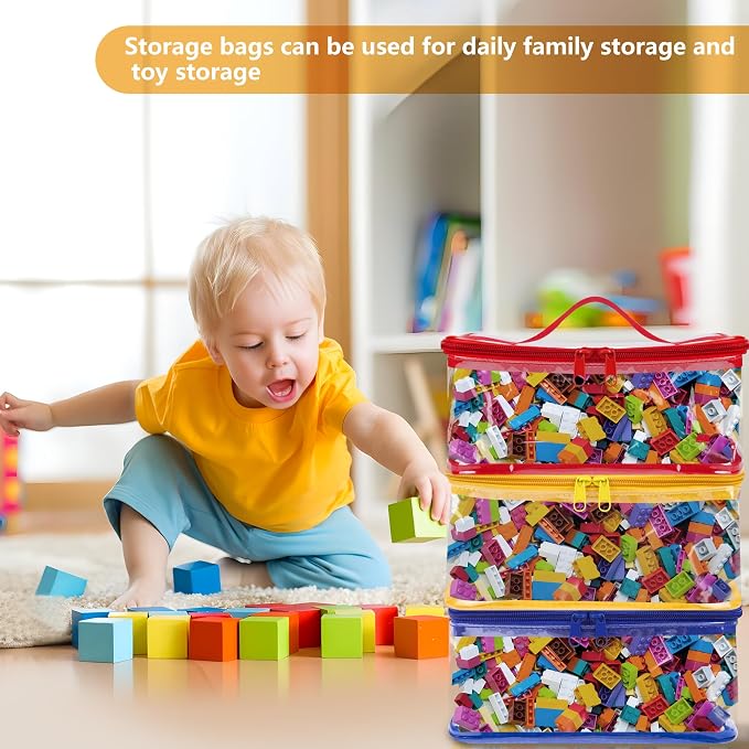 3 Pcs Clear Toy Storage Bag, Waterproof PVC Toy Organized Bag with Zipper | 9"x 7"x 4" Transparent Toy Storage Organizer Pouch for Building Blocks Small Toys (Red, Blue, Yellow)