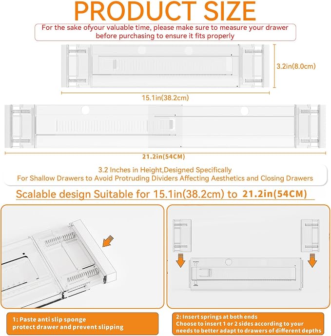 4 Pack 3.2 Inch Shallow Acrylic Drawer Dividers for Clothes -Expandable from 15-21''- Adjustable Drawer Dividers for Baby Clothing,Sock,Underwear,Clear in Drawer Separators for Dresser,Kitchen