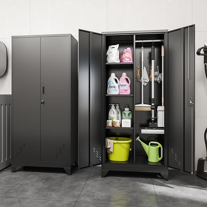 Metal Garage Storage Cabinets with Lock, Cabinet with Pegboard & Hanging Rod, Broom Closet Storage Cabinets, Black Lockable Steel Tool Cabinet for Home,Garage,Utility Room