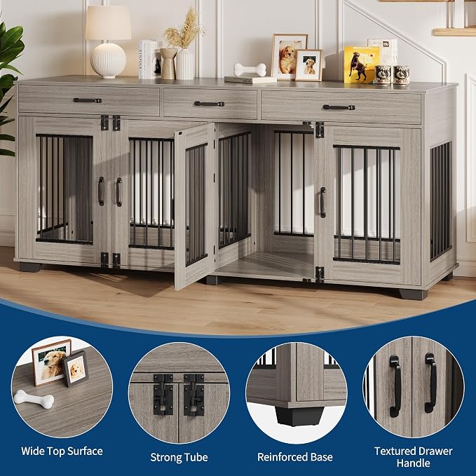 IDEALHOUSE Large Double Dog Crate Furniture with Storage Drawers, Grey | Wooden Dog Kennel with Divider, 3 Drawers, TV Stand, Heavy Duty Dog Bed & Sofa for Medium and Large Dog, 71 Inch Dog Cage