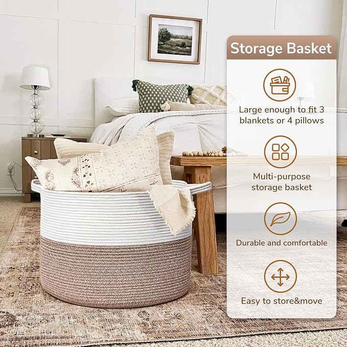 Goodpick Large Woven Blanket Basket Living Room & Playroom, 85L | 21.7 x 21.7 x 13.8 In Storage Basket for Toys Shoes, Cute Baby Laundry Hamper for Towels, Clothes, Mele