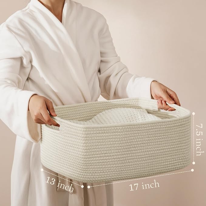 2 Pack Storage Baskets for Organizing, Large Woven Storage Basket, Beige | 17"Lx13"Wx7.5"H, Cotton Rope Basket, Toy Storage, Cube Shelf, Closet Shelf Organizer, Clothes Storage, Home Decor