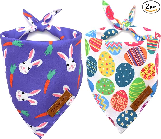 Realeaf Easter Dog Bandanas 2 Pack, Triangle Reversible Pet Scarf for Boy and Girl, Premium Durable Fabric, Holiday Bandana for Small Medium Large and Extra Large Dogs (Small)