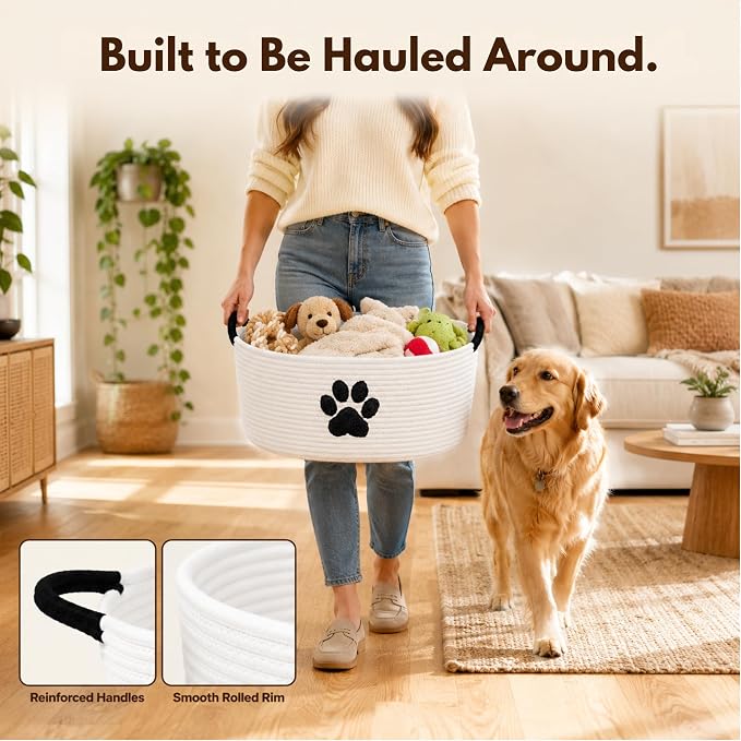 Dog Toy Basket with Handles, Cotton Rope Storage Bin Organizer for Pets | Holds toys, blankets, leashes & dog stuff. Machine washable, collapsible, free-standing woven bin with embroidered paw.