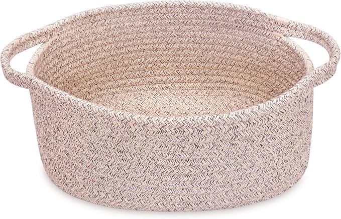 ABenkle Small Basket with Handles, Boho Decorative Rope Woven Dog Cat Toy Storage Bin Shelf Storage Organizer, Easter Christmas Gift Basket, 12"x8"x5"