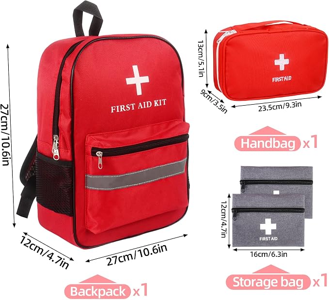 First Aid Bag Empty 4-Piece Set with Large First Aid Backpack, 2 Portable Pouches & Carry Medical Bag for Pet, Car, Travel, Camping, Emergency Supplies Storage (Red Gray)