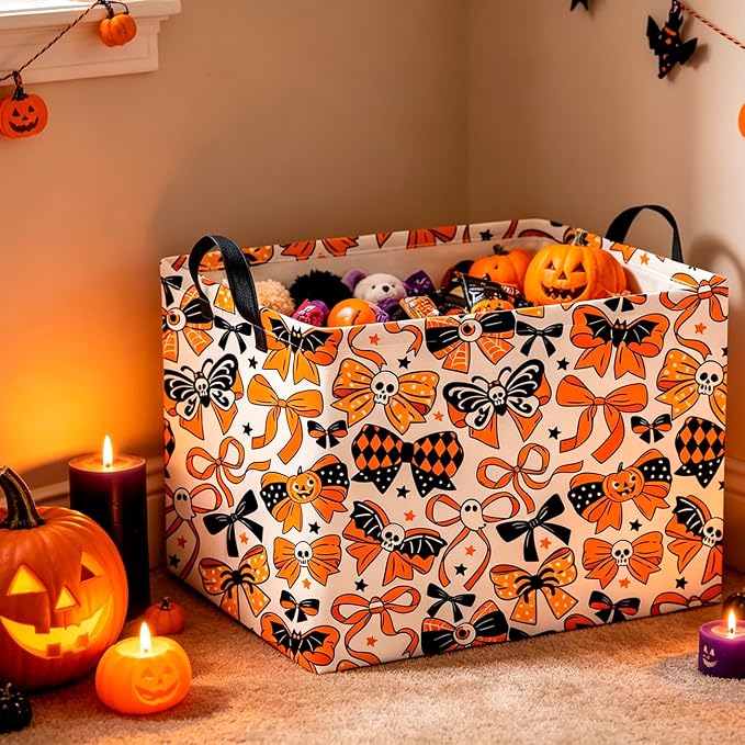 CLOCOR Rectangular Storage Basket,Collapsible Cute Pattern Storage Bin,Waterproof Books Box with Handles,Gift Basket(Halloween Bowknot)
