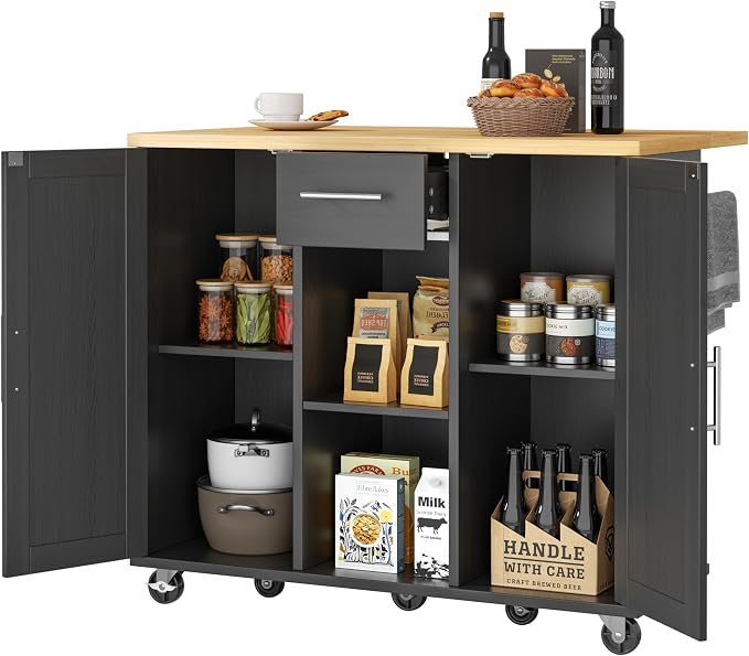 JY QAQA 42" Kitchen Island with Storage on Wheels, Rolling Table with Drop Leaf, Drawers, Cart Handle for Towel Rack or Free Movement, Black