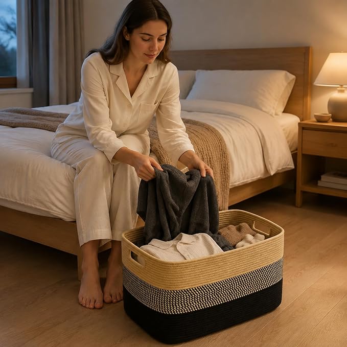 25.4GAL Collapsible Cotton Rope Extra Large Storage Basket For Bedroom Closet, Boho Rectangular Big Short Hamper Woven Storage Baskets for Living Room Throw Pillows Blankets Dirty Clothes,Khaki Black