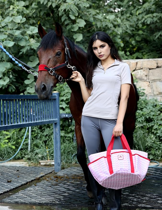 Horse Grooming Tote Bag, Waterproof Grooming Organizer with Multiple Pockets for Brushes & Tools, Stable & Show Use Pink