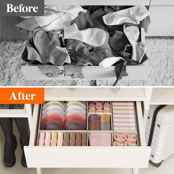 Lifewit Drawer Organizer Clothes for Closet, Khaki, 16 Pack | 3 Sizes Underwear Wardrobe Drawer Dividers, Fabric Foldable Dresser Storage Organizer Bins for Sock, Bra, Lingerie, Undies