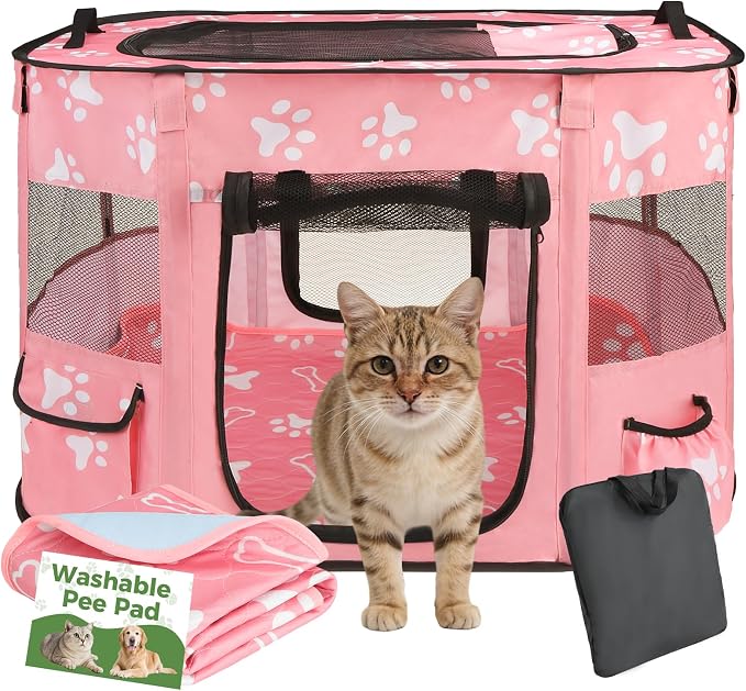 Homimp Portable Pet Playpen for Indoor Cats & Puppies, Foldable Dog Playpen Outdoor Tent Crate Cage with Pee Pad & Carry Bag, Pet Crate with Mesh Sides for Small Animals Travel, Pink S