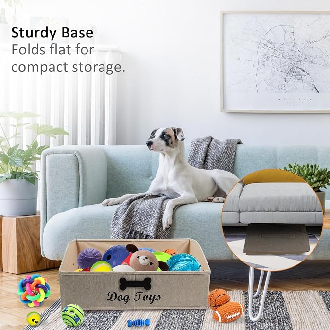 Large Dog Toy Basket Collapsible Dogs Toy Box Fabric Trapezoid Dog Toys Bin Storage for organizing pet Toys/Blankets/leashes/Rope Toys/Clothing-Can be Personalized-KhakiStripe