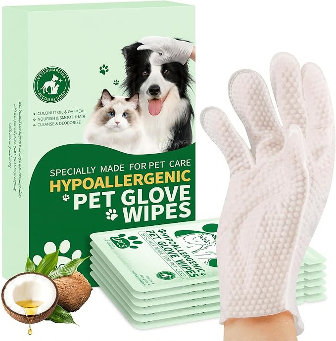 GLADFRESIT Pet Grooming Glove Wipes for Dogs & Cats, Hypoallergenic Deodorizing Cleansing Wipes with Coconut Oil & Botanical Extracts, Daily & Outdoor Care, 60g Portable and Lightweight (6 Pcs)