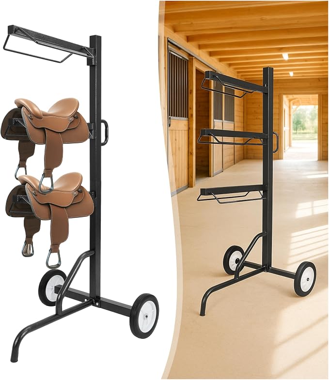 3 Tier Saddle Rack, Rolling Saddle Stand Cart with Wheel, | Heavy-Duty Rotatable Saddle Stand for English and Western Style Saddle Pad Rack, Portable Horse Tack Storage