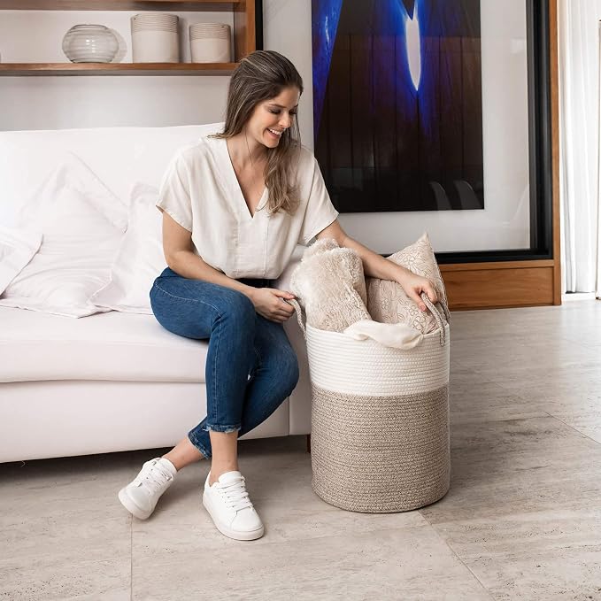 OrganiHaus Tall Cotton Rope Laundry Basket & Hamper, Blanket Storage 52L | Brown / Off-White - Tall Cotton Rope Hamper, 52L