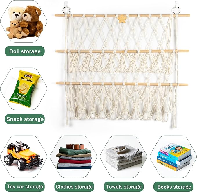 Starry Stuffed Animal Net Hammock Wall Hanging Handmade Boho Macrame Toy Hammock Organizer Holder Display Hanging Plush Toy Net for Corner Wall Stuffed Animal Storage(29.9" H x 31.5" W)