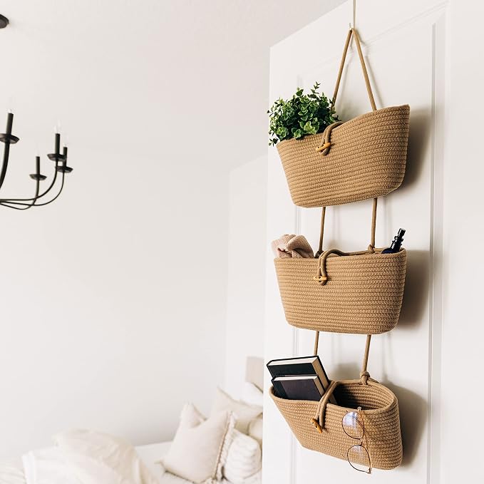 OrganiHaus Over the Door Organizer, Woven Rope Hanging Baskets, 3-Tier | Cotton Wall Storage Basket For Nursery Decor, Entryway, Bathroom, Playroom Or Dorm, Mounts On Door Or Wall, Honey