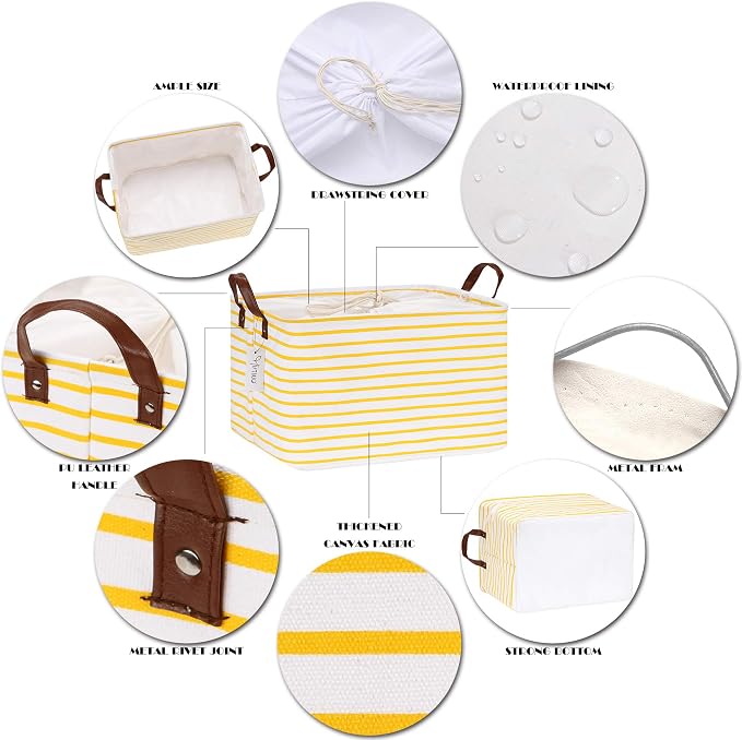 Hinwo 31L Large Canvas Storage Bin with Lid and Handles | Collapsible Fabric Basket, Closet Shelf Organizer, Container for Clothing, Blankets, Toys, Bedding (Yellow Stripe)