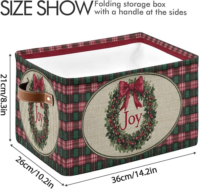 Christmas Joy Wreath Bow Knot Storage Basket with Waterproof Liner and PU Handles Winter Poinsettia Buffalo Plaid Storage Bins Boxes 14.2" Collapsible Decorative Baskets for Bedroom Office 1 Pack