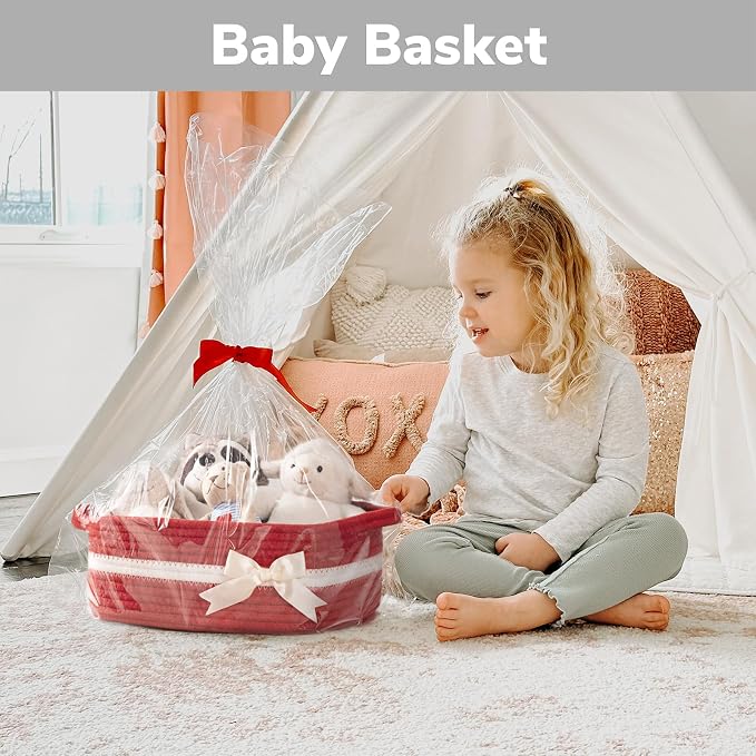 CHICVITA Small Woven Rope Gift Basket, Decorative Burr Basket, Red | 13" x 10" x 5" Storage Baskets for Toys & Baby Essentials, Fits Nursery & Bedroom Organization, Built-In Handles, Bow Design
