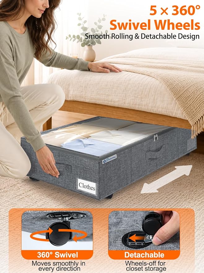 punemi 10 inch Tall 75L Under Bed Storage Bins with Wheels, 2-Pack, Gray | 5-Wheel Rolling Organizers with Clear Lids, for Clothes, Shoes and Blankets, Underbed, Closet & Dorm Organizataion