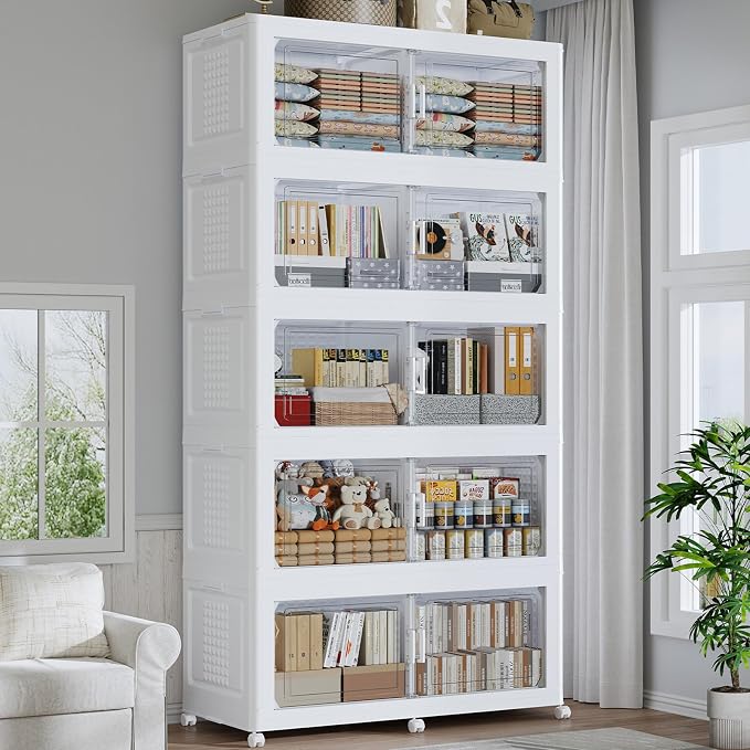 200Gal Stackable Storage Bins with Lid 5-Tier Collapsible Cabinet Closet Organizer Box with Wheels, 8000QT Large Plastic Drawer Container with Doors for Clothes Kitchen Organizing, White