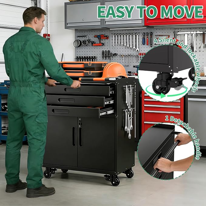 Garage Storage Cabinet, Metal Rolling Tool Cabinet with 2 Pegboard and 10 Hook, Heavy Duty Mechanics Tool Chest Storage for Workshop, Basement, Warehouse, Include Workbench Liner, Black
