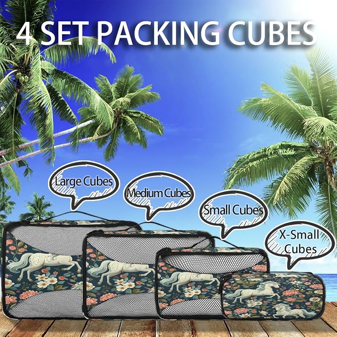 Floral Horse 4 Set Travel Packing Cubes for Accessories, Suitcase Organizers Luggage Bags Set with Double Zippers & Mesh Top