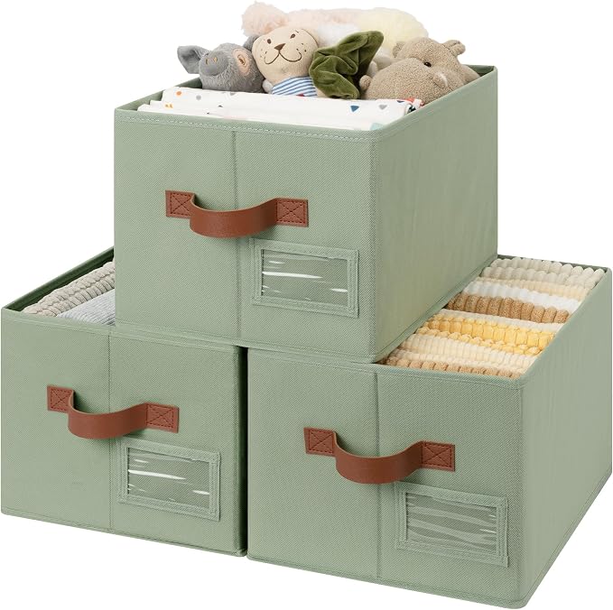GRANNY SAYS Closet Storage Bins with Label, Sage Green, Medium, 3-Pack | Fabric Storage Bins, Closet Storage Bins for Shelves, Collapsible Storage Boxes, Decorative Storage Box