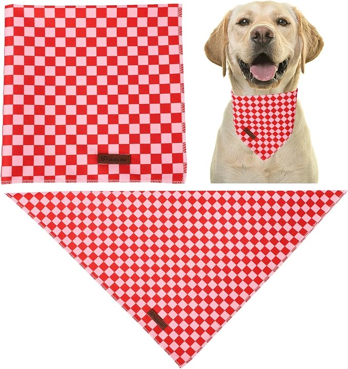 Red and Pink Plaid Dog Bandana–Red and Pink Checked Triangle Scarf for Small Medium Large Dogs, Soft Cotton Pet Bib for Dogs, Adjustable Dog Kerchief