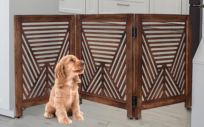 Lightnpro 3-Panel Wooden Dog Gate – Rustic Burnt Finish Foldable Freestanding Pet Barrier, Extra-Wide Indoor Safety Fence for Small Dogs & Puppies – 24x54 Inch