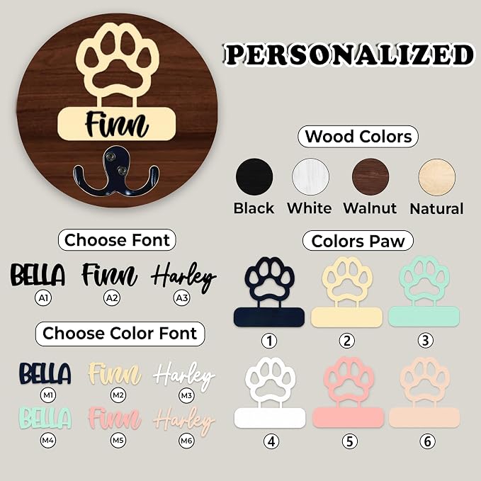Dog Leash Holder Wall Mount, Personalized Pet Harness Hanger Paw Print Hook, Hook for Dog, Cat, Key Rack Wall Organizer, Cat Collar Organizer for Entryway, Memorial Gifts for Pet Lover